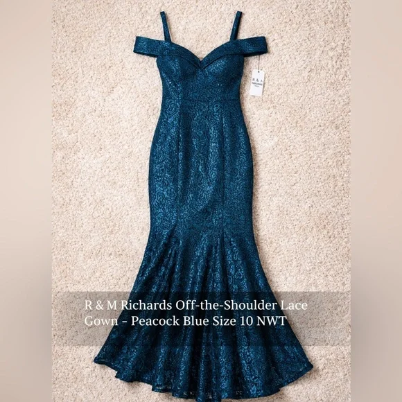 R&M Richards Peacock Blue Lace Off Shoulder Gown 10 NWT Formal Mermaid Dress - Picture 4 of 5